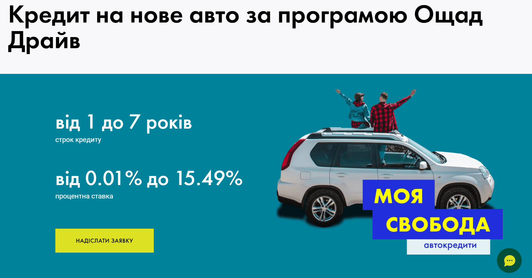 Рекламный баннер «Ощад Драйв» о кредите на новую машину. На белом внедорожнике, стоящем на сине-зеленом фоне, сидят два человека. Есть кнопка «Отправить заявку»